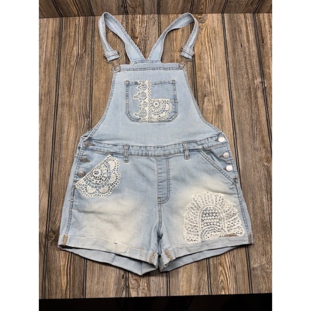 Jordache Light Wash Denim Short Overalls w/ Crochet Lace Accents Girls XL 14/16